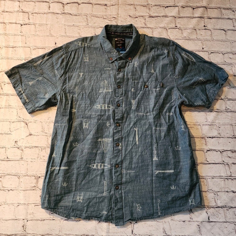 KAVU Mens XXL Blue Nautical Print Short Sleeve Button Down Shirt Boat Anchor